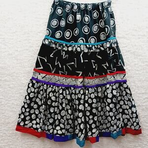 Skirt Midi NR1 Neo Gould Black Geometric Ribbon Tier Peasant Boho Folk Size 6